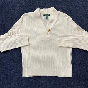 Lauren Ralph Lauren Sweater Womens Petite Large White Ribbed Shawl Collar Cotton
